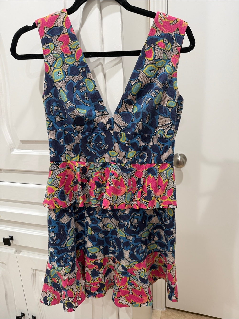BCBGMaxAzria Navy, Pink and Yellow Floral V-Neck Dress